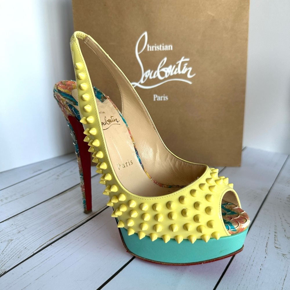 Christian Louboutin Yellow Patent Leather Lady Peep Spiked Slingback 38